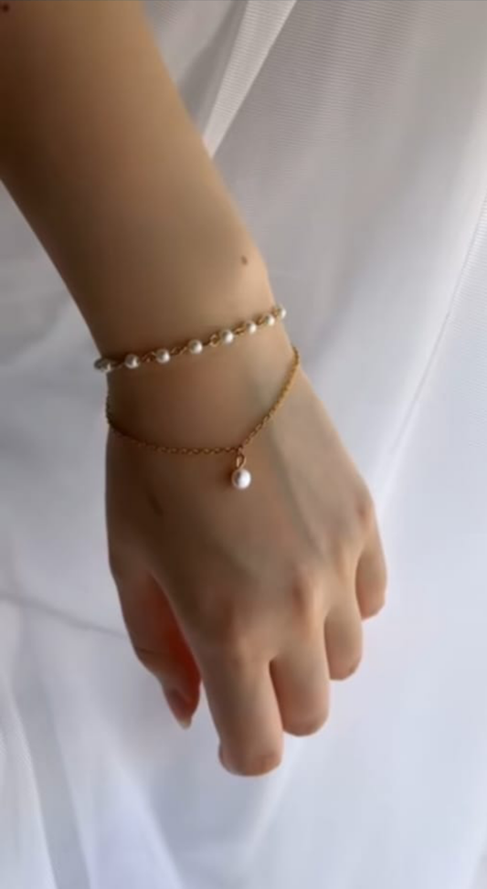 Gold Chain Pearl Drop Bracelet Set