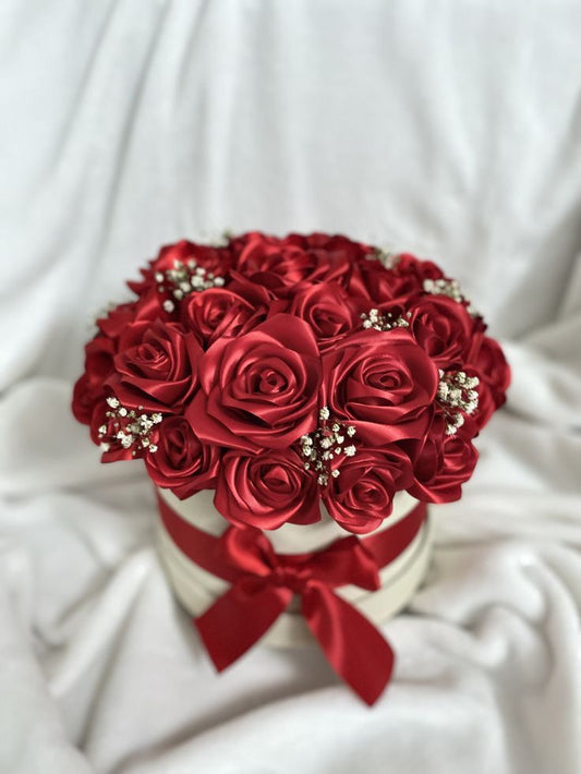 Everlasting Love – Red Satin Rose Box Arrangement