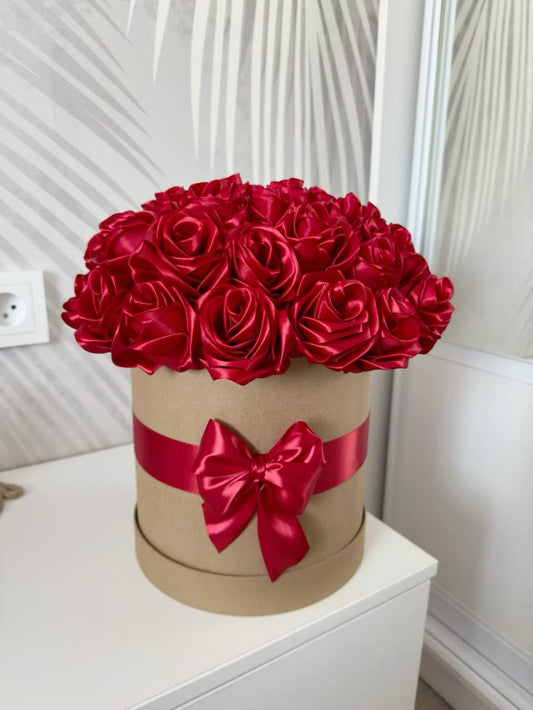 Timeless Romance – Red Satin Roses in Kraft Gift Box