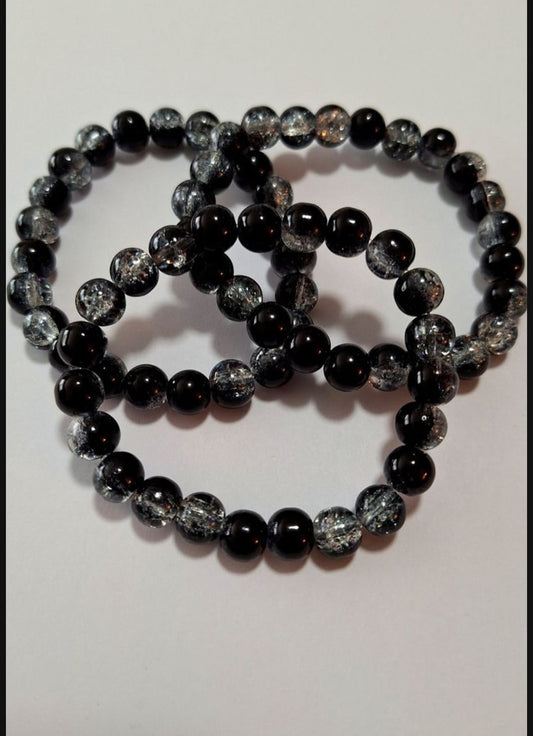 Set of 3 Black & Crackle Glass Beaded Bracelet