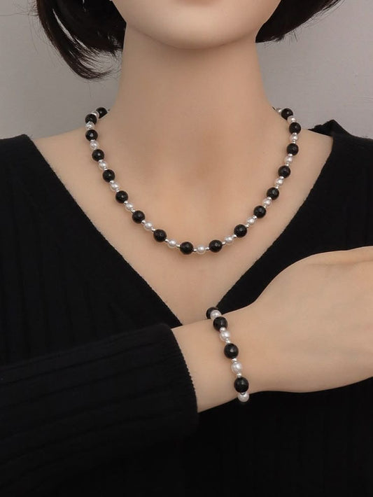 Classic Marble Black & White Beaded Jewelry Set – Handmade Necklace & Bracelet Duo