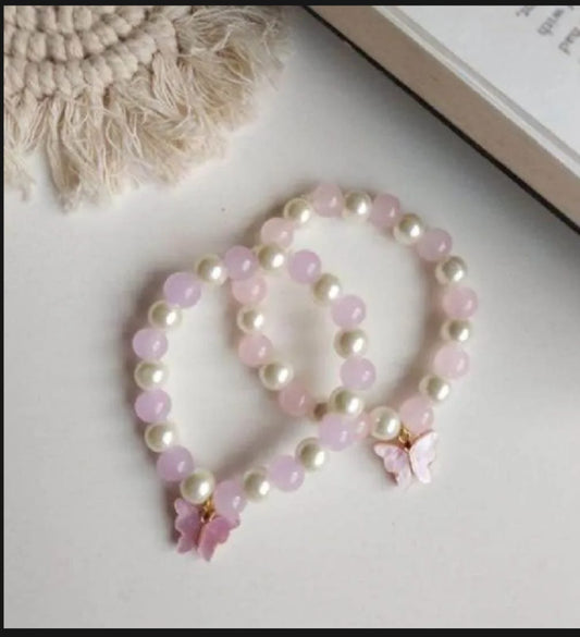 Elegant Pink & Pearl Beaded Butterfly Charm Bracelets – Set of 2
