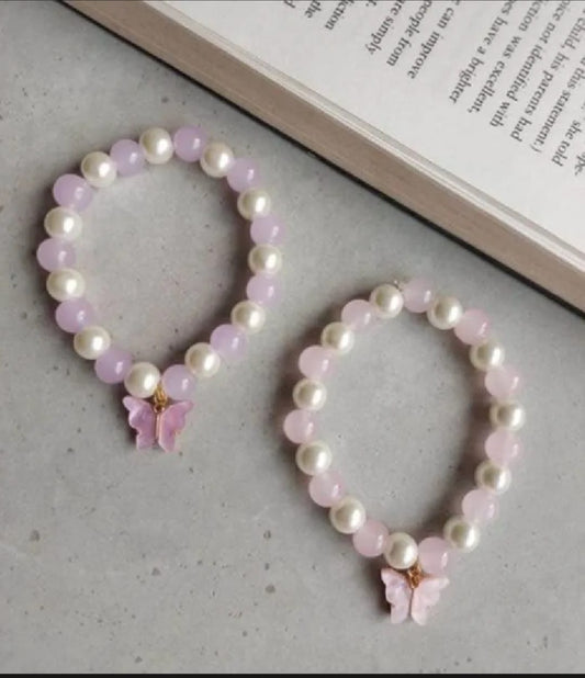 Elegant Pink & Pearl Beaded Butterfly Charm Bracelets – Set of 2