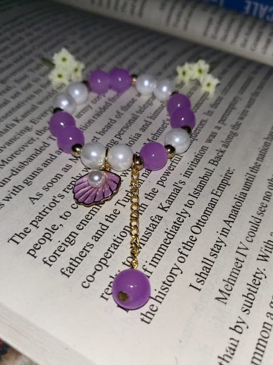 Elegant Purple & Pearl Beaded Bracelet with Shell Charm