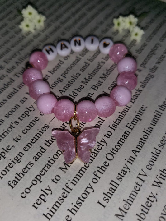 Custom Pink Beaded Name Bracelet with Butterfly Charm