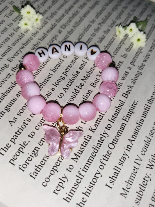 Custom Pink Beaded Name Bracelet with Butterfly Charm