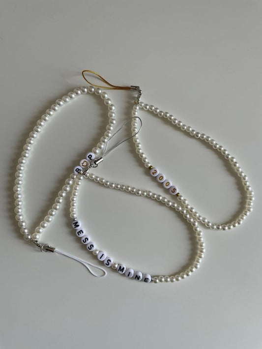Custom Pearl Phone  Charm with Letter Beads Set of (3)
