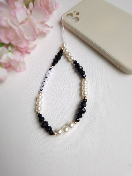 Personalized Black & White Pearl Phone Charm