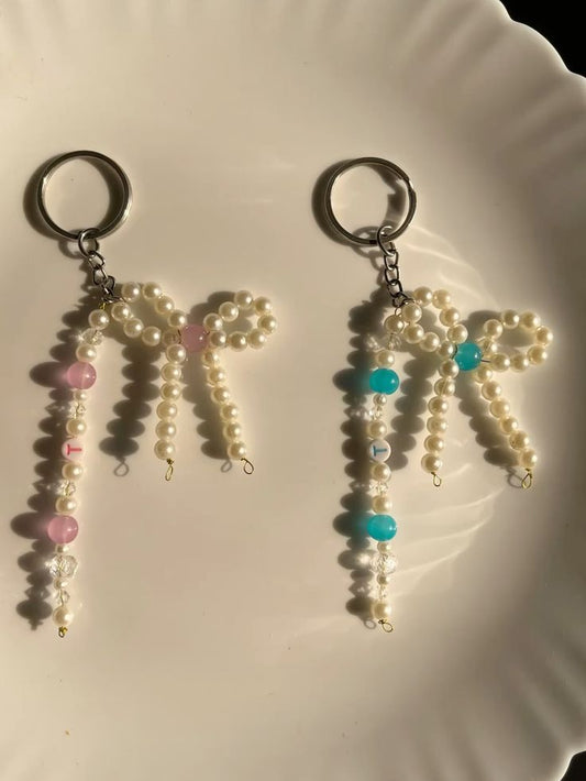Chic Pearl Bow Keychain (Pink & Blue Set) with Customize Letter