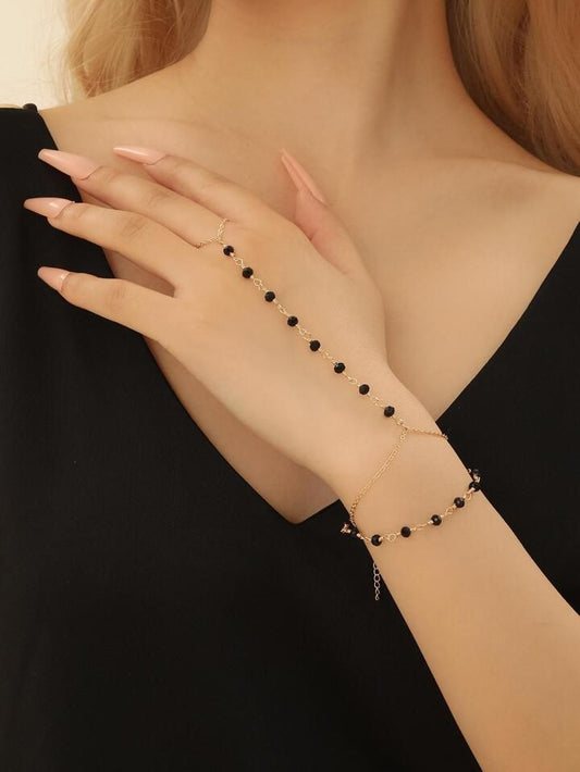 Luxe Midnight Black Beaded Hand Chain Bracelet